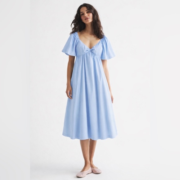 Abercrombie & Fitch Angel Sleeve Twist Front Midi Dress Blue Size Medium Petite - Picture 11 of 11